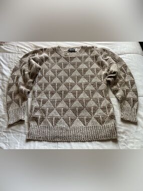Vintage Tan Cream Geometric Knit Chunky Sweater Medium Grandpacore Retro 90s